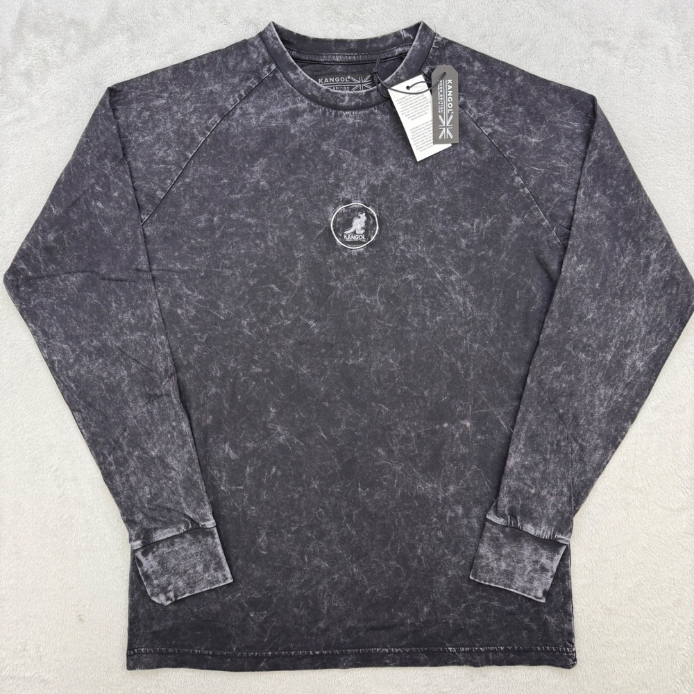 Kangol Shirt Mens Large Black Acid Wash Long Sleeve Embroidered Logo‎ Streetwear